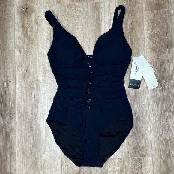 Profile by Gottex Women's Black Plunging Lace Up V-Neck Moto One Piece Swimsuit - Picture 2 of 4